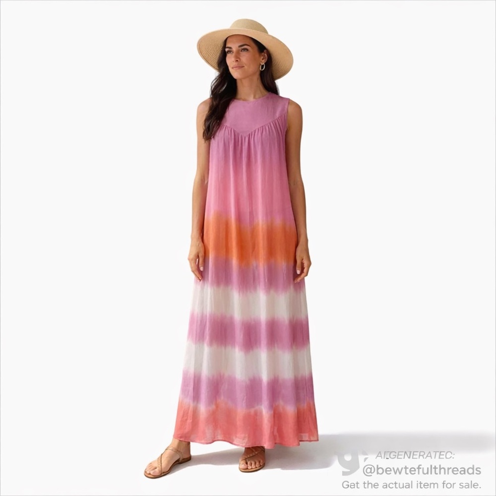 ZARA M Tall Pink Ombré Tie-Dye Resort Maxi Dress Flowy Summer